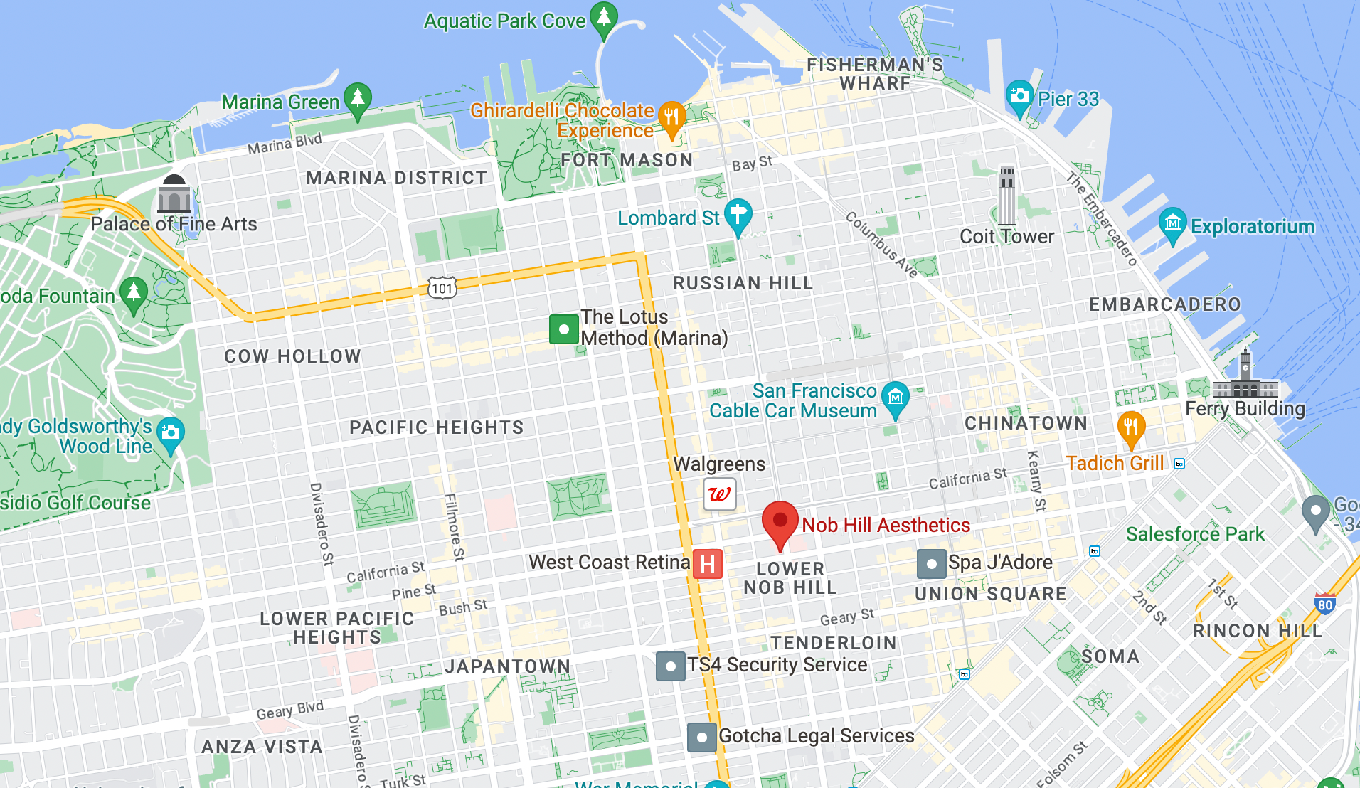 Picture of a map displaying Nob Hill Aesthetics in relation to San Francisco